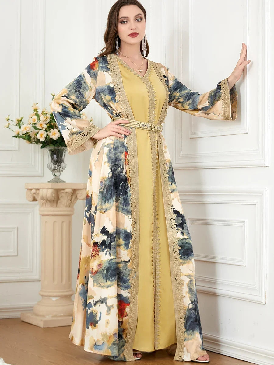 Morocco Muslim Abaya Dress 2 Piece Set with Embroidery