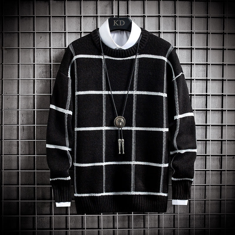 Men's Thick Knit Sweater - Casual Long Sleeve Plaid