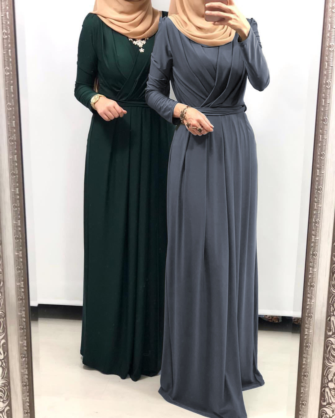 2021 New Solid Color Long Muslim Dress