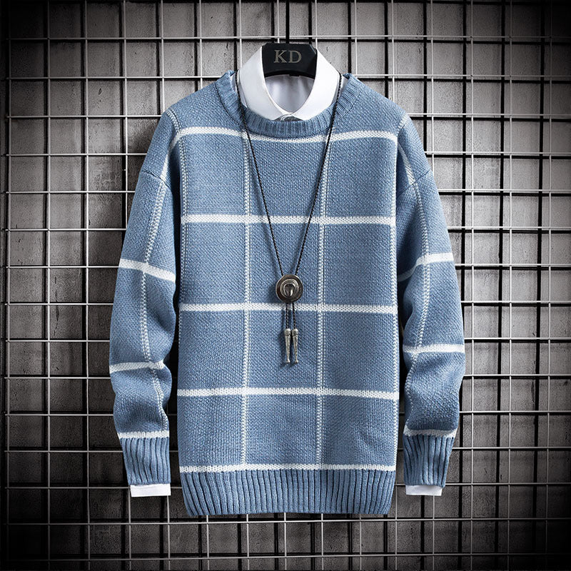 Men's Thick Knit Sweater - Casual Long Sleeve Plaid