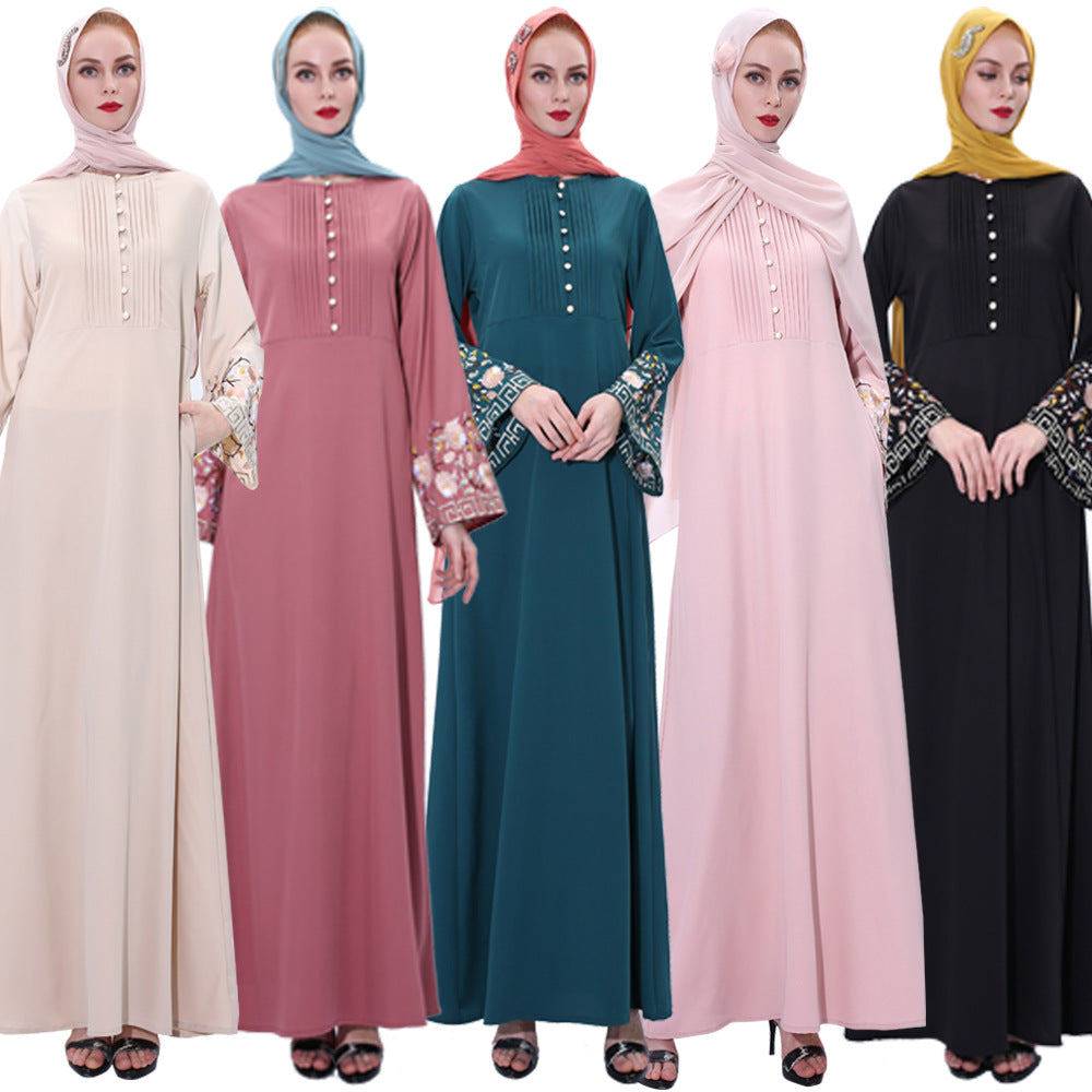 2020 Vintage A-Line Muslim Abaya Dress with Bell Sleeves