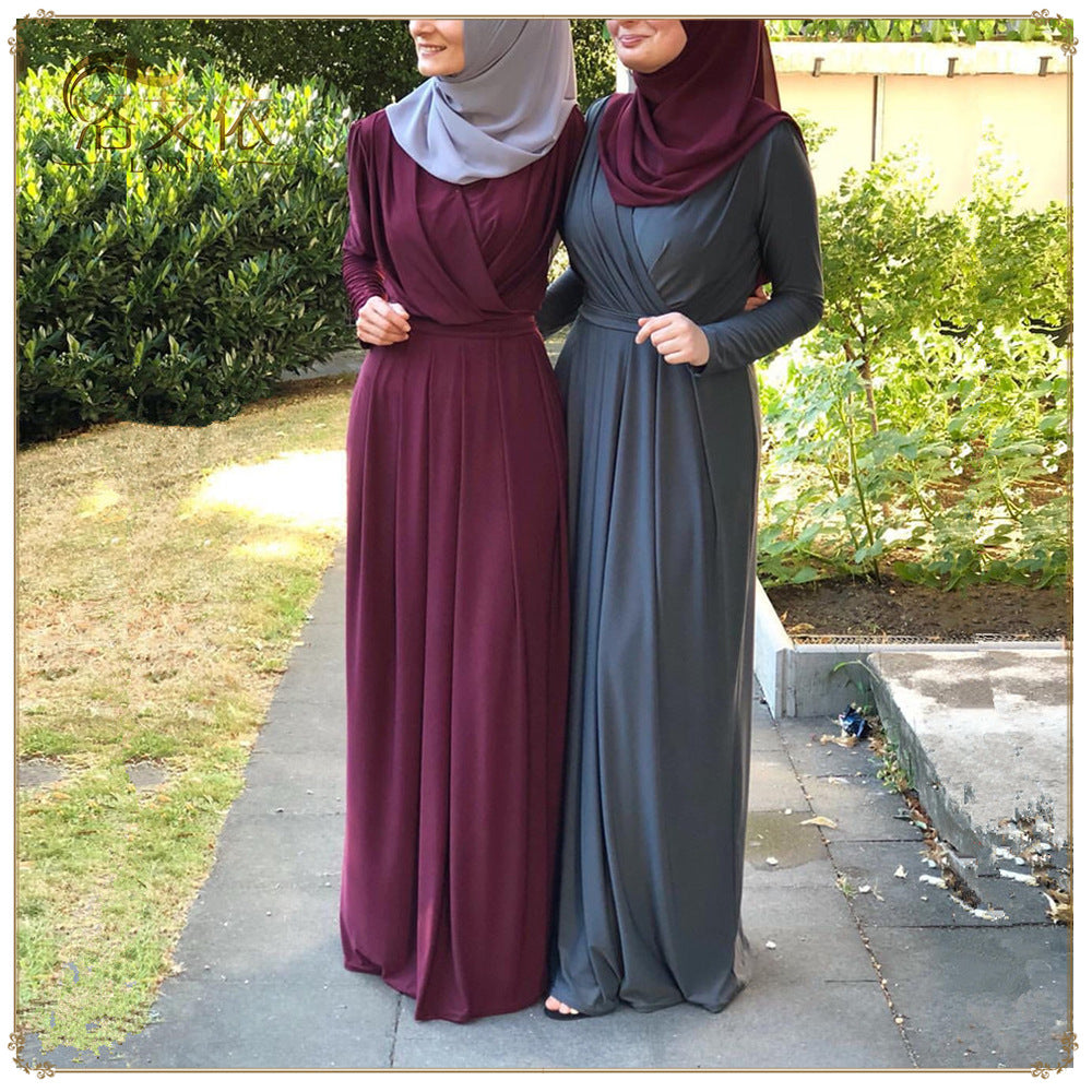 2021 New Solid Color Long Muslim Dress